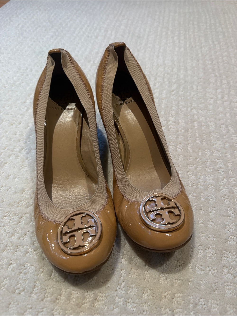 Tory Burch Tan Patent Leather Logo Wedges